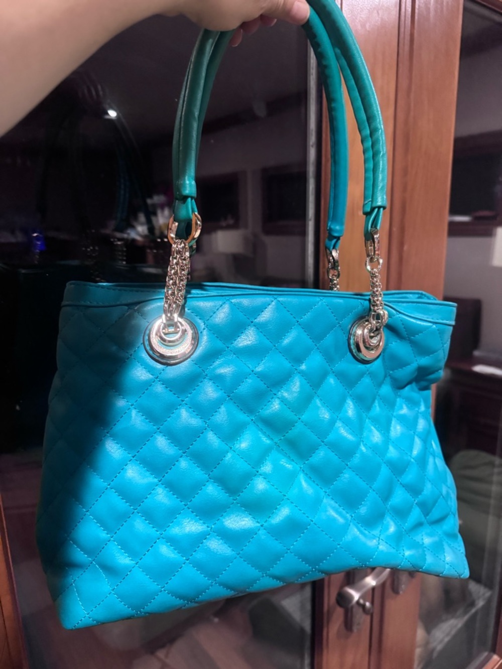 Turquoise Quilted Pleather Shoulder Bag with Chain Handles